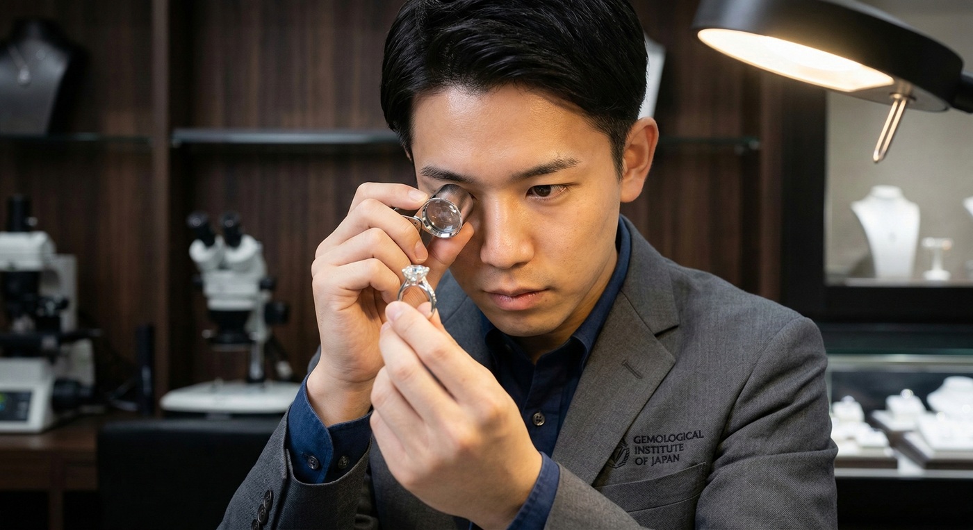 ルーペで時計を鑑定するスタッフ