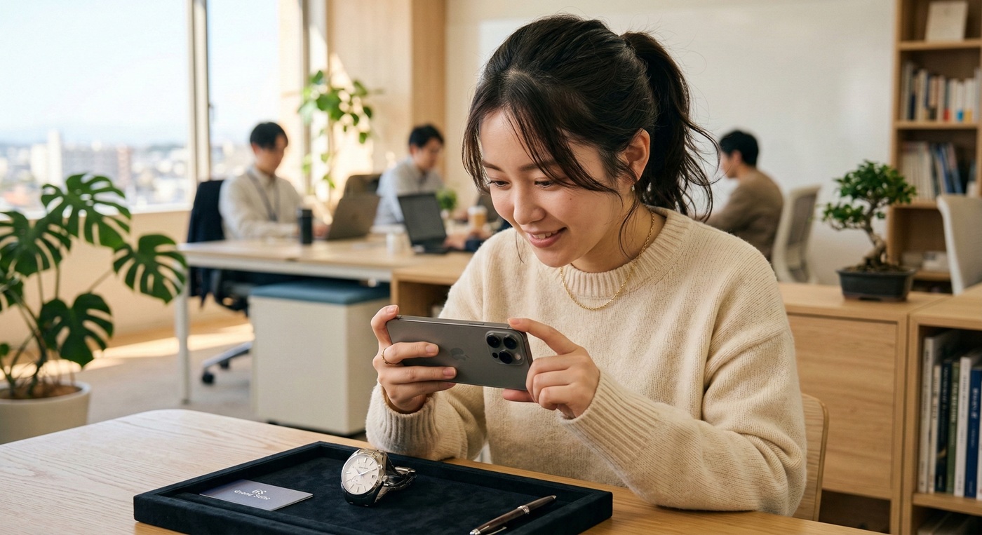 スマートフォンで商品を撮影するスタッフ