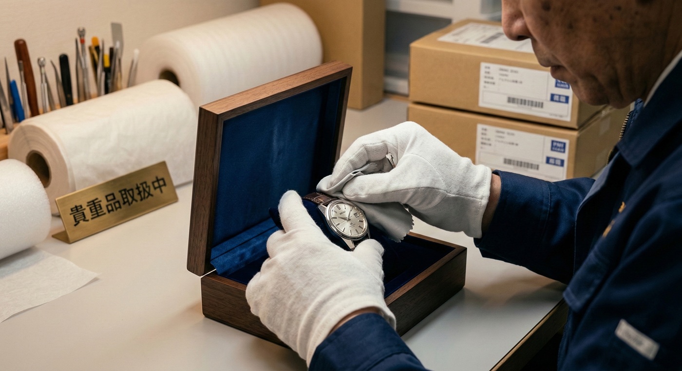 丁寧な時計のクリーニングと梱包作業